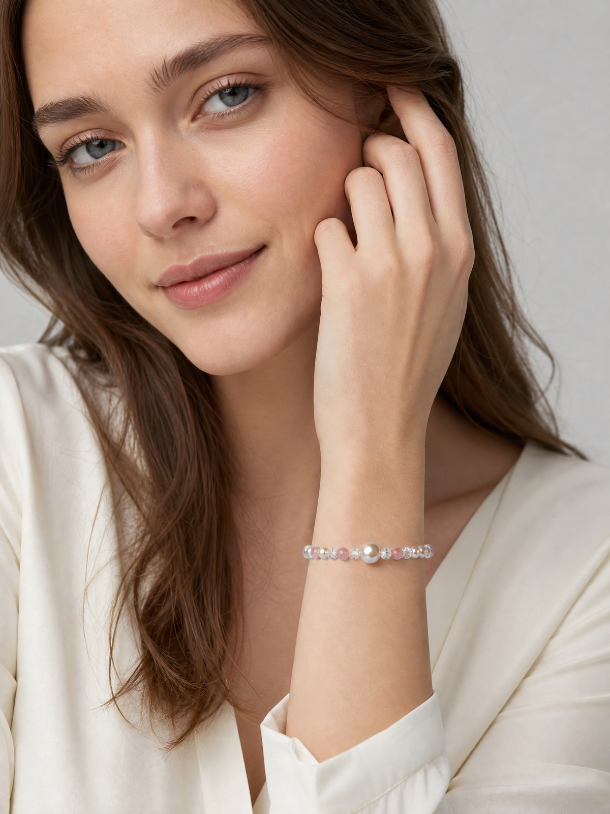 Blush Orbit Strawberry Quartz & Pearl Bracelet