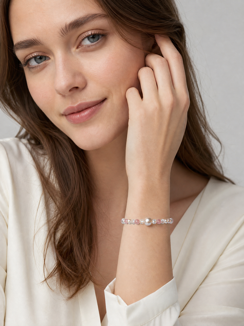 Blush Orbit Strawberry Quartz & Pearl Bracelet