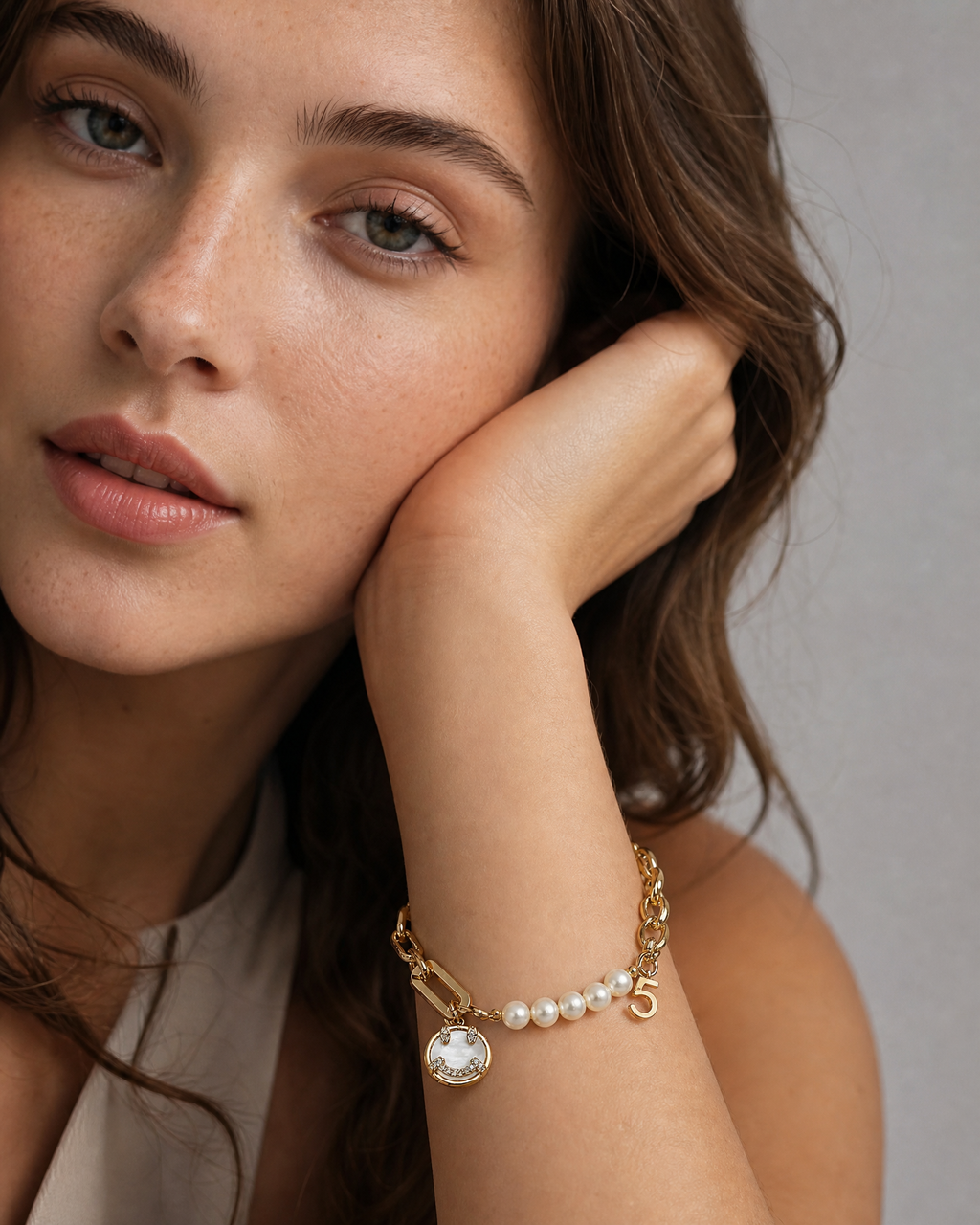Golden Muse Pearl Charm Bracelet